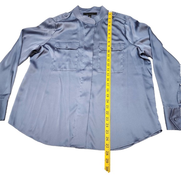 WHBM Long Sleeve Collar Pocket Shirt Button-Up in Steel Blue Satin Sz L  NWT - Picture 9 of 15